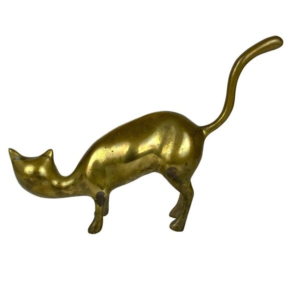 Antique Cast Brass Cat Figurine With Raised Tail Mid Century Decor - Picture 3 of 5